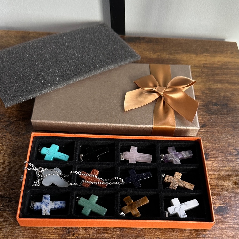 Assorted Stone Cross Necklaces with Gift Box, marble, NIB
